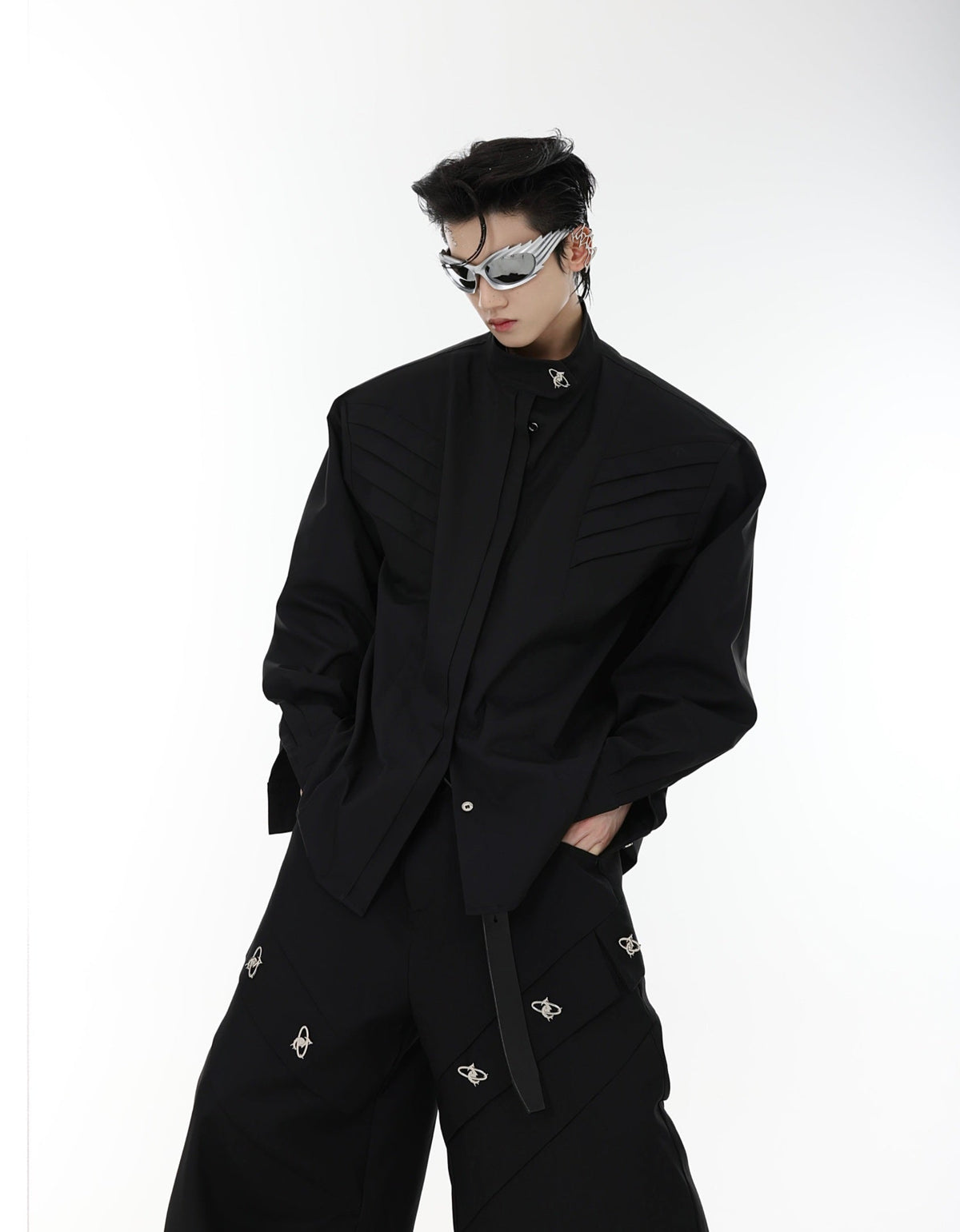 Oversized Stand-Collar Shoulder-Pad Shirt