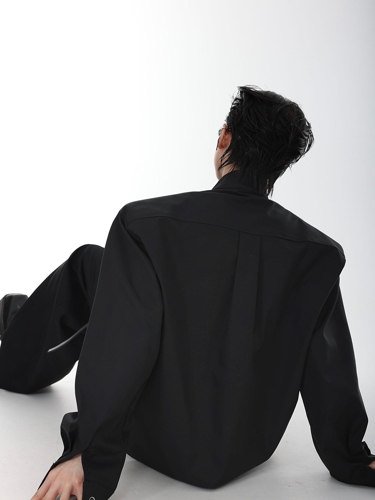 Oversized Stand-Collar Shoulder-Pad Shirt