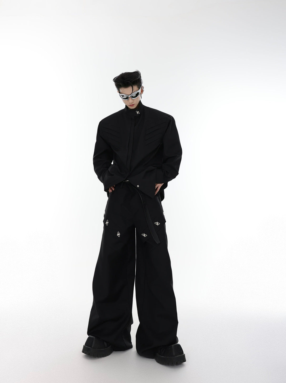 Oversized Stand-Collar Shoulder-Pad Shirt