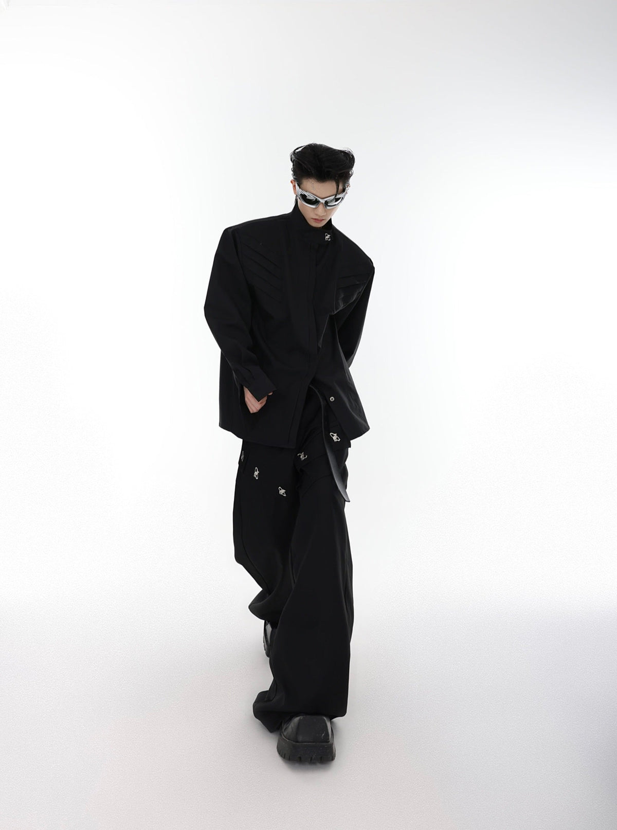 Oversized Stand-Collar Shoulder-Pad Shirt