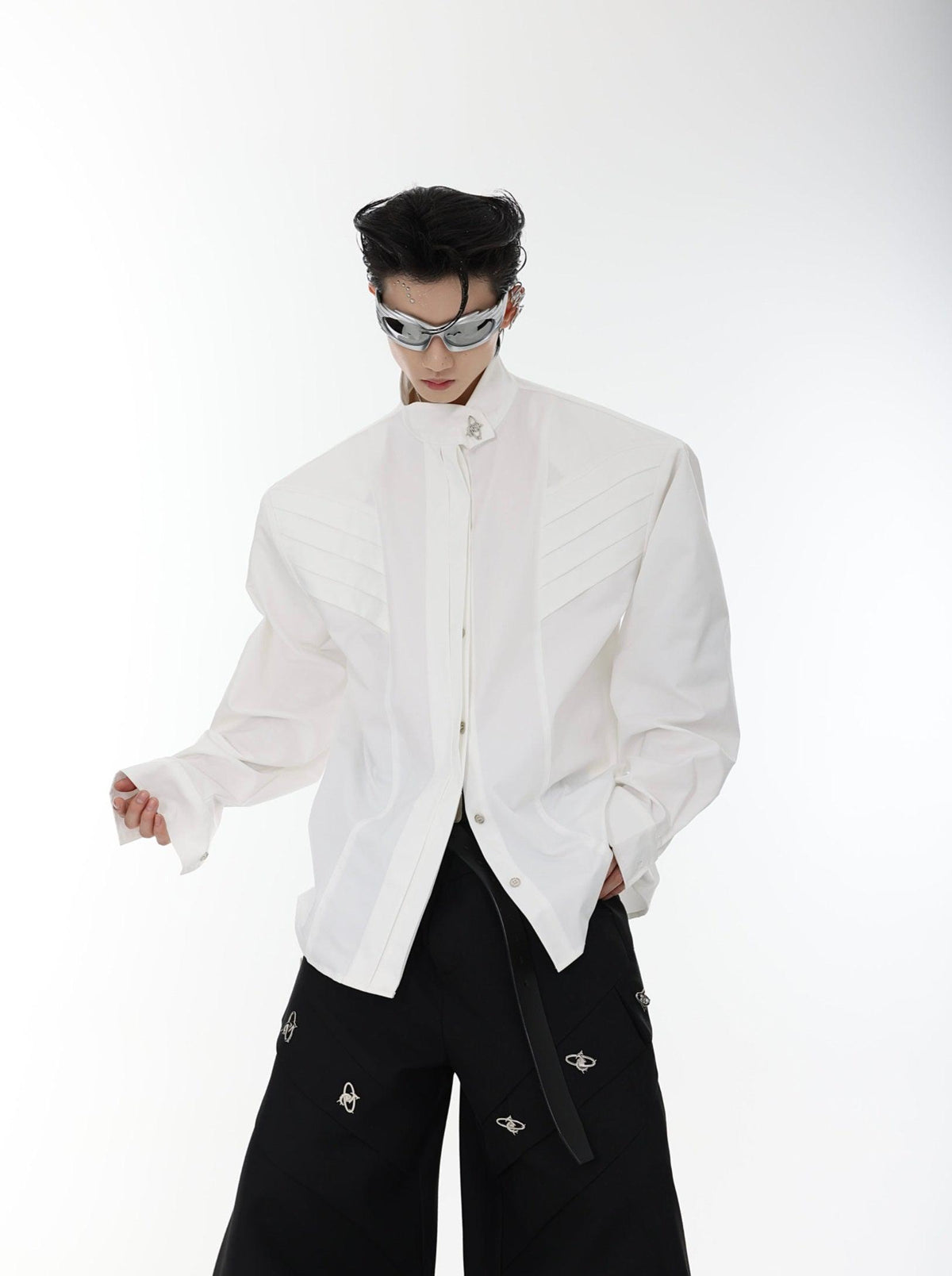 Oversized Stand-Collar Shoulder-Pad Shirt