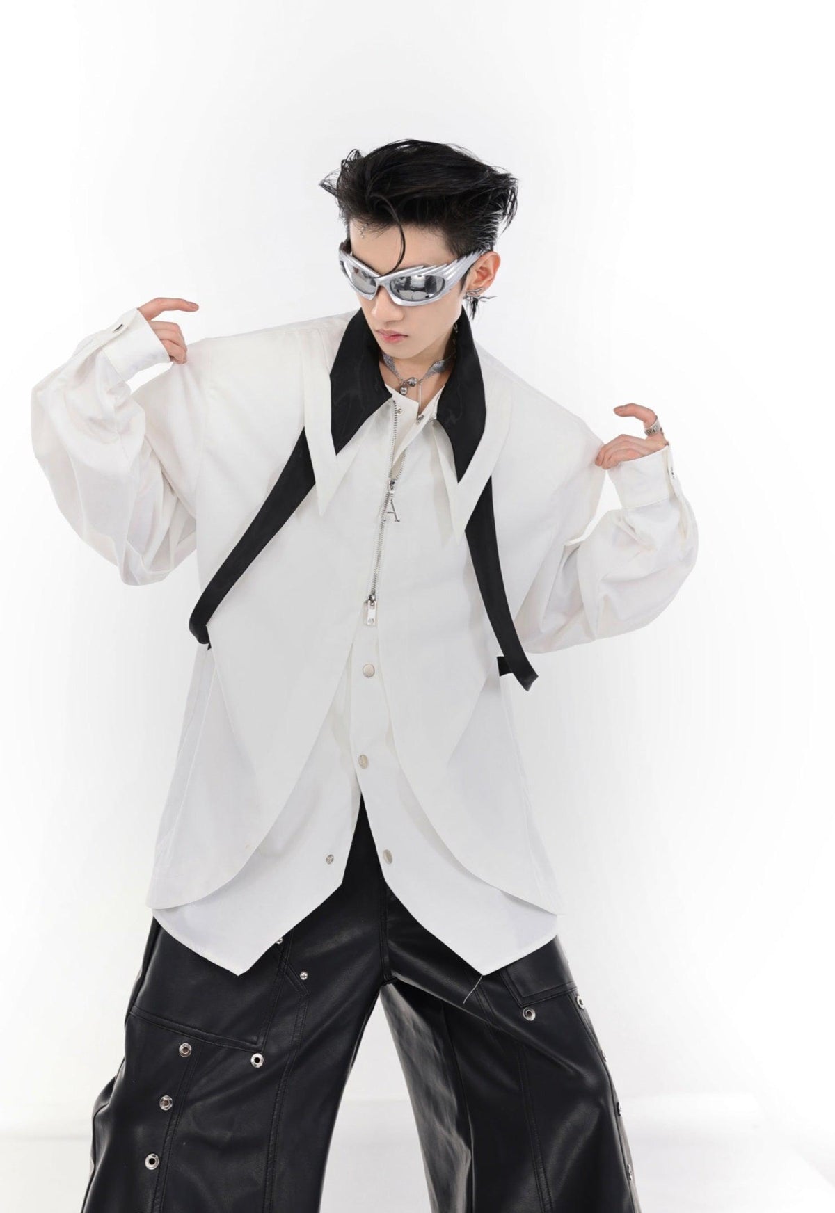 Oversized Tie Layered Long-Sleeve Shirt