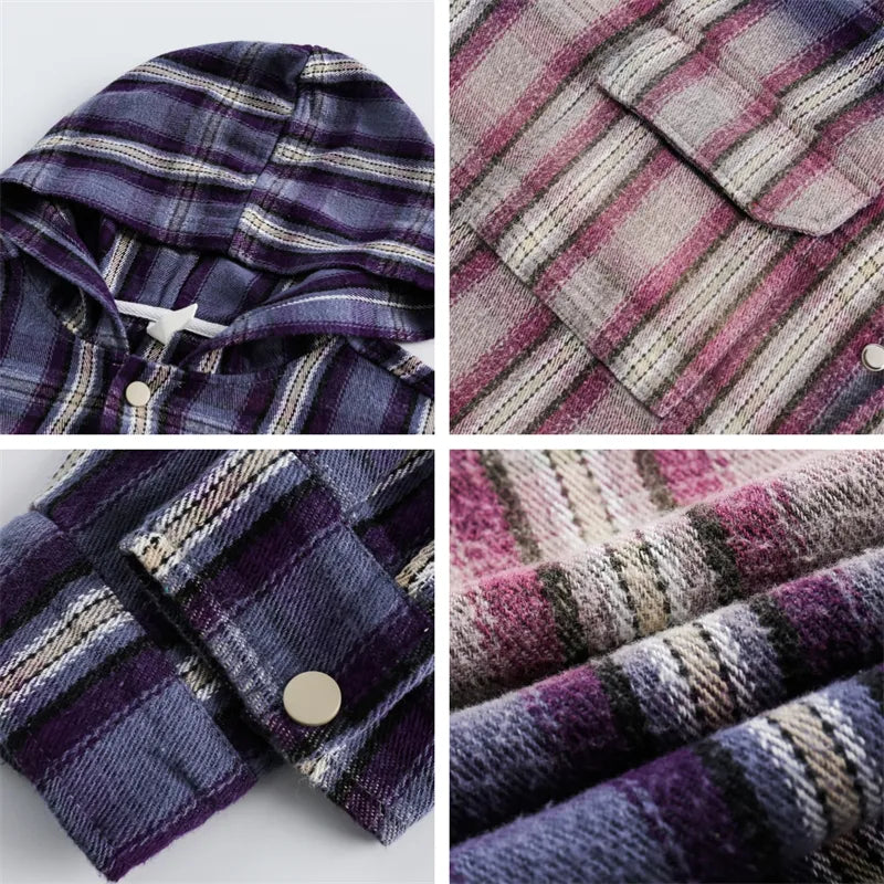 Vintage Plaid Gradient Hooded Shirt