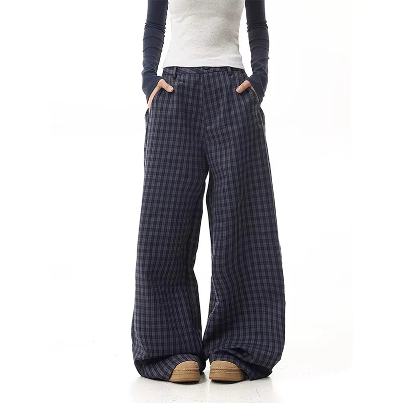Elevated Y2k Blue Plaid High Waist Wide-Leg Pants