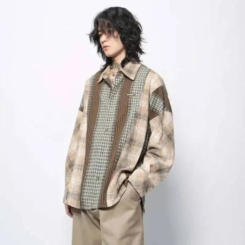 Men Flattering Colorblock Plaid Long Sleeved Shirt