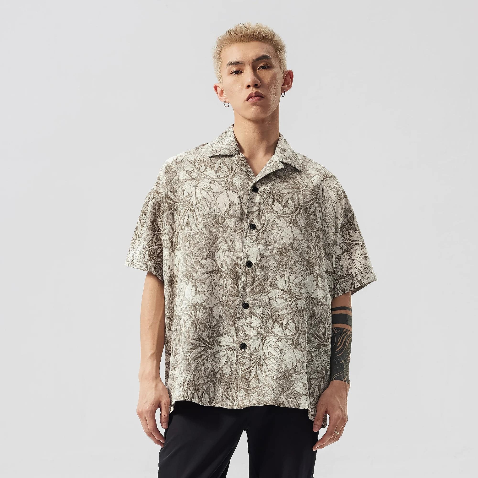 Men Korean Style Floral Printed Loose Lapel Shirt