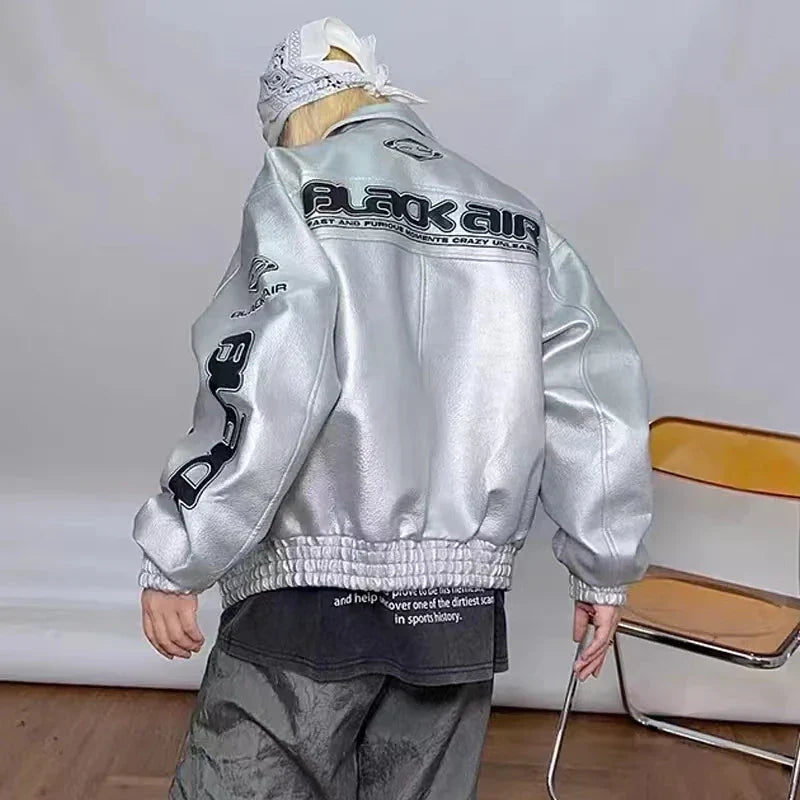 Chaqueta de carreras reflectante de cuero Y2K