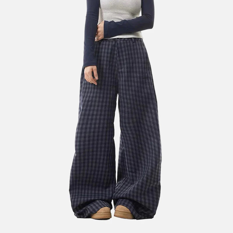 Elevated Y2k Blue Plaid High Waist Wide-Leg Pants