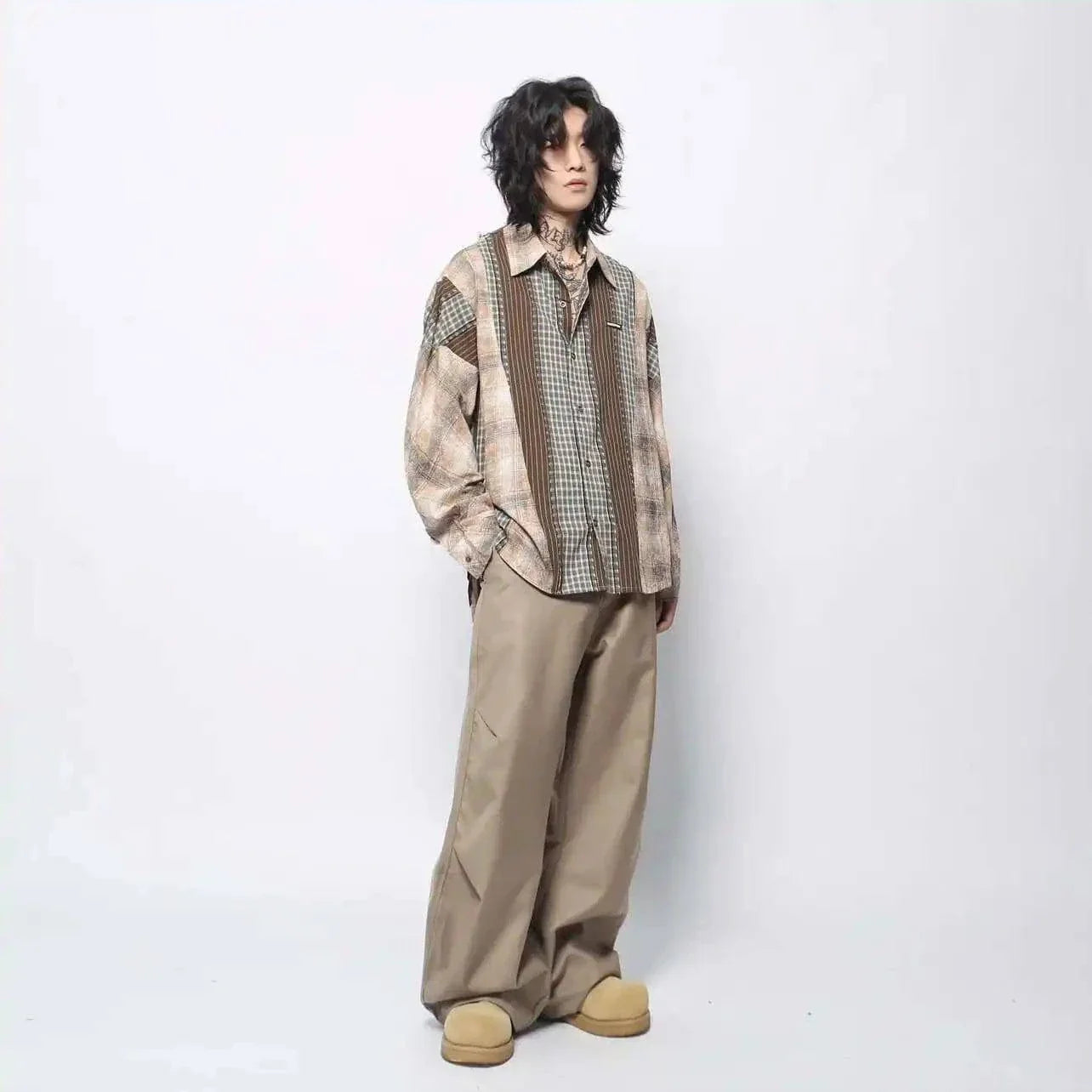 Men Flattering Colorblock Plaid Long Sleeved Shirt