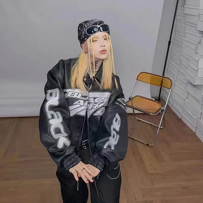 Chaqueta de carreras reflectante de cuero Y2K