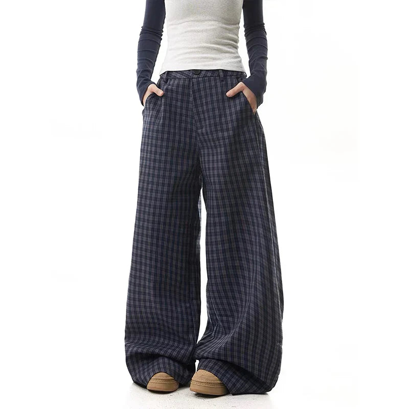 Elevated Y2k Blue Plaid High Waist Wide-Leg Pants