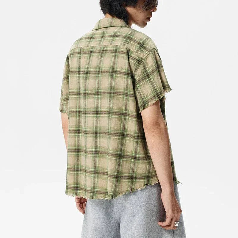 Green Plaid Vintage Lapel Short Sleeve Shirt
