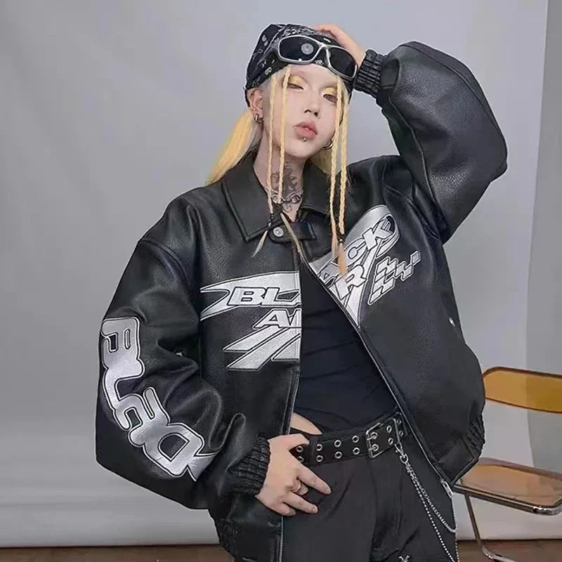 Chaqueta de carreras reflectante de cuero Y2K