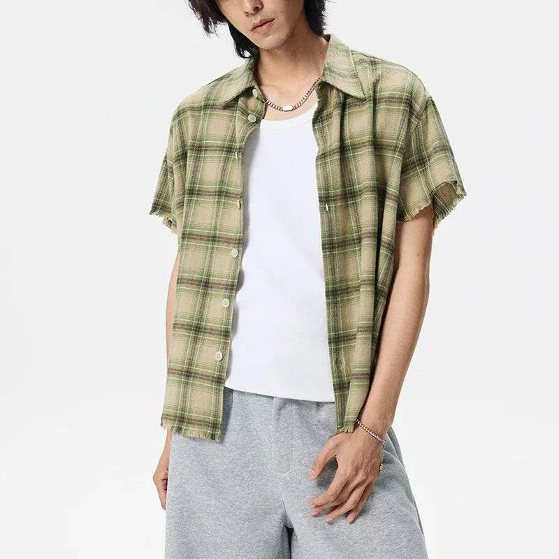 Green Plaid Vintage Lapel Short Sleeve Shirt