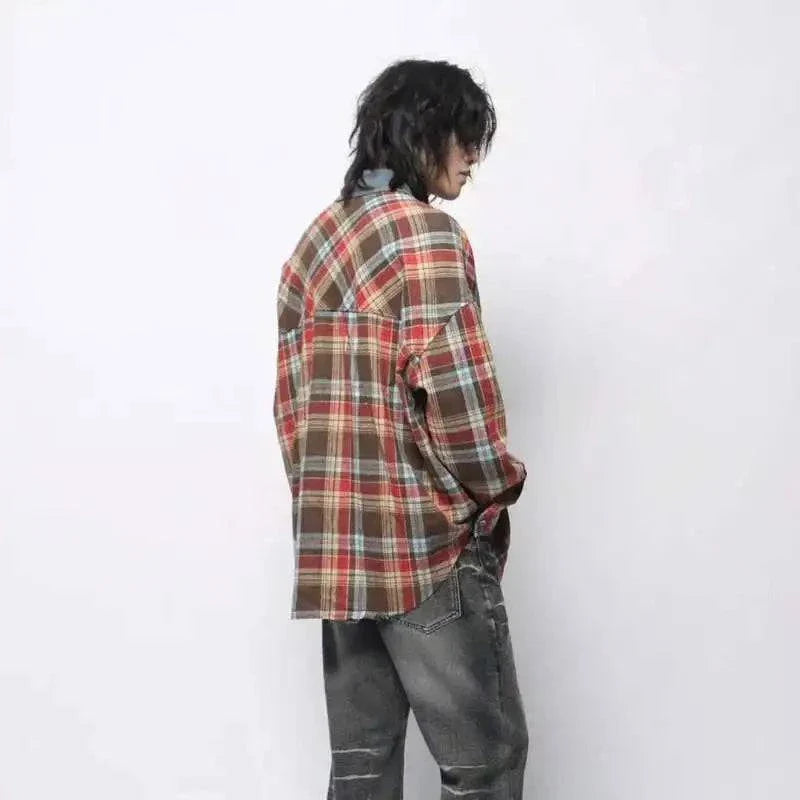 Fashionable Vintage Plaid Frayed Edge Long Sleeve Shirt