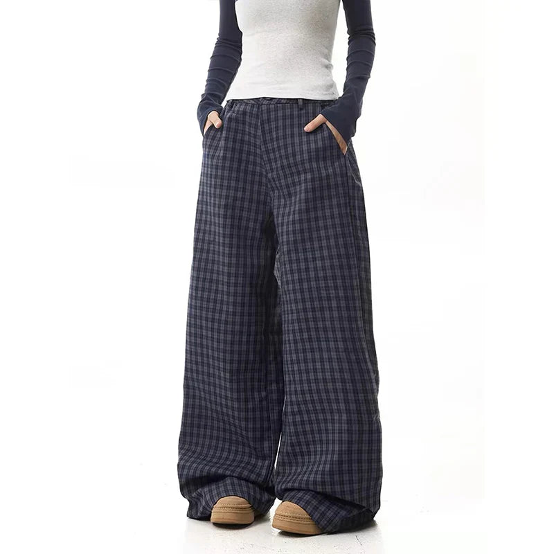 Elevated Y2k Blue Plaid High Waist Wide-Leg Pants