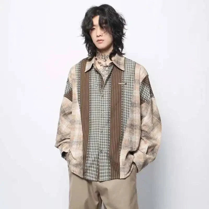 Men Flattering Colorblock Plaid Long Sleeved Shirt