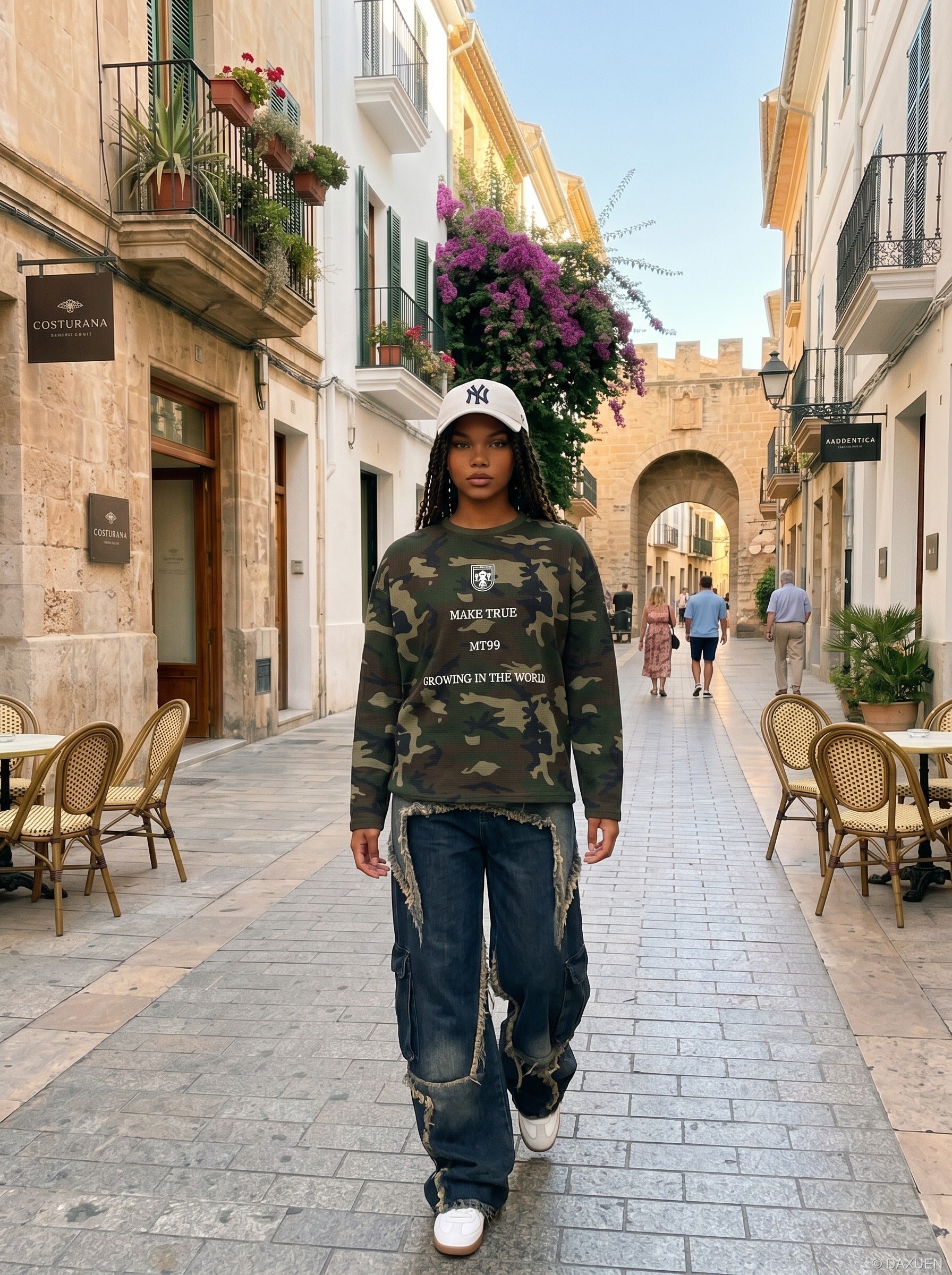 Blusa de manga larga de punto de gofre con estampado de camuflaje