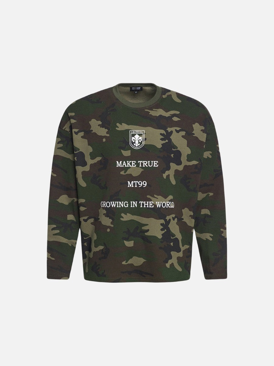 Blusa de manga larga de punto de gofre con estampado de camuflaje