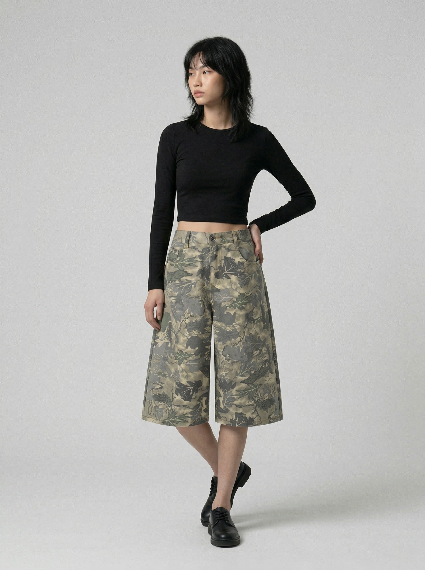 Camouflage Wide-Leg Shorts - Streetwear