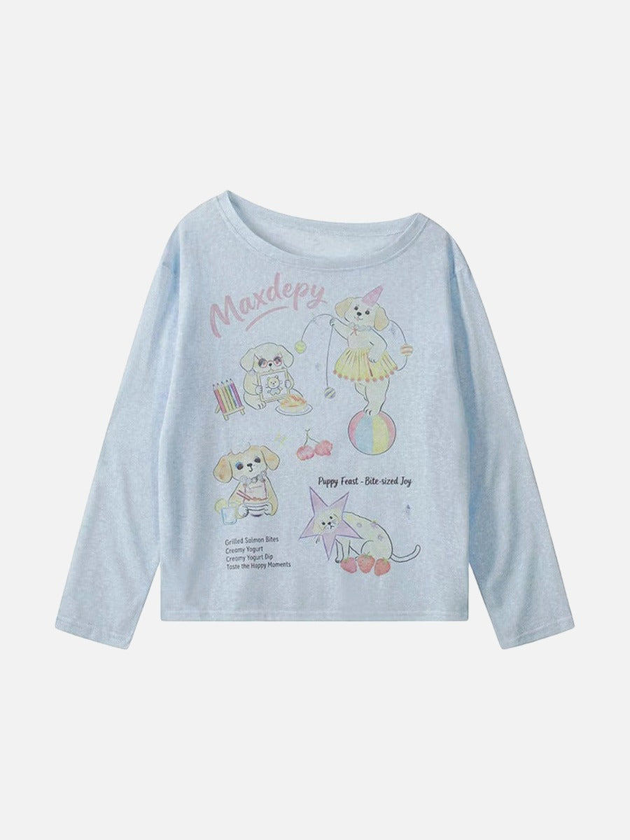 Camiseta de manga larga con gráfico de perro de dibujos animados