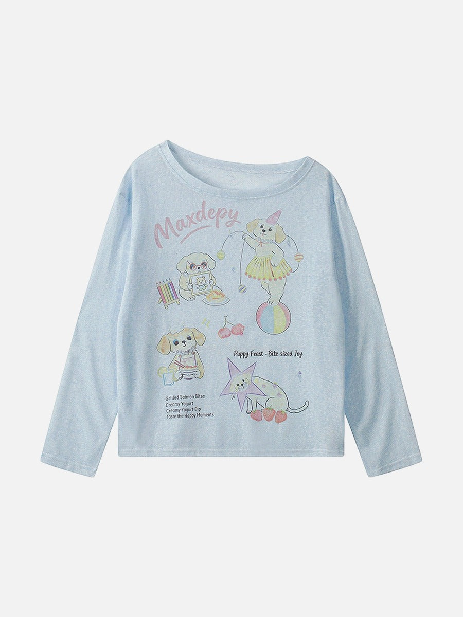 Camiseta de manga larga con gráfico de perro de dibujos animados