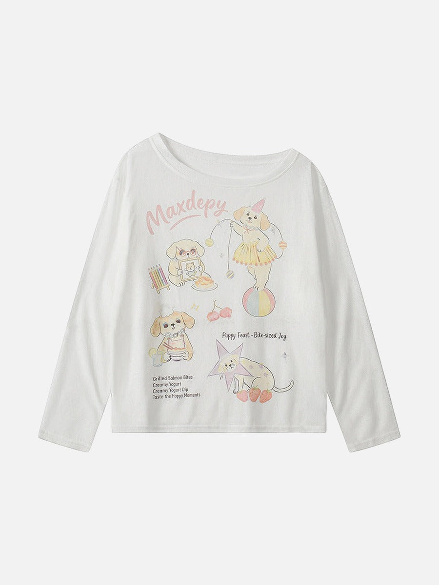 Camiseta de manga larga con gráfico de perro de dibujos animados
