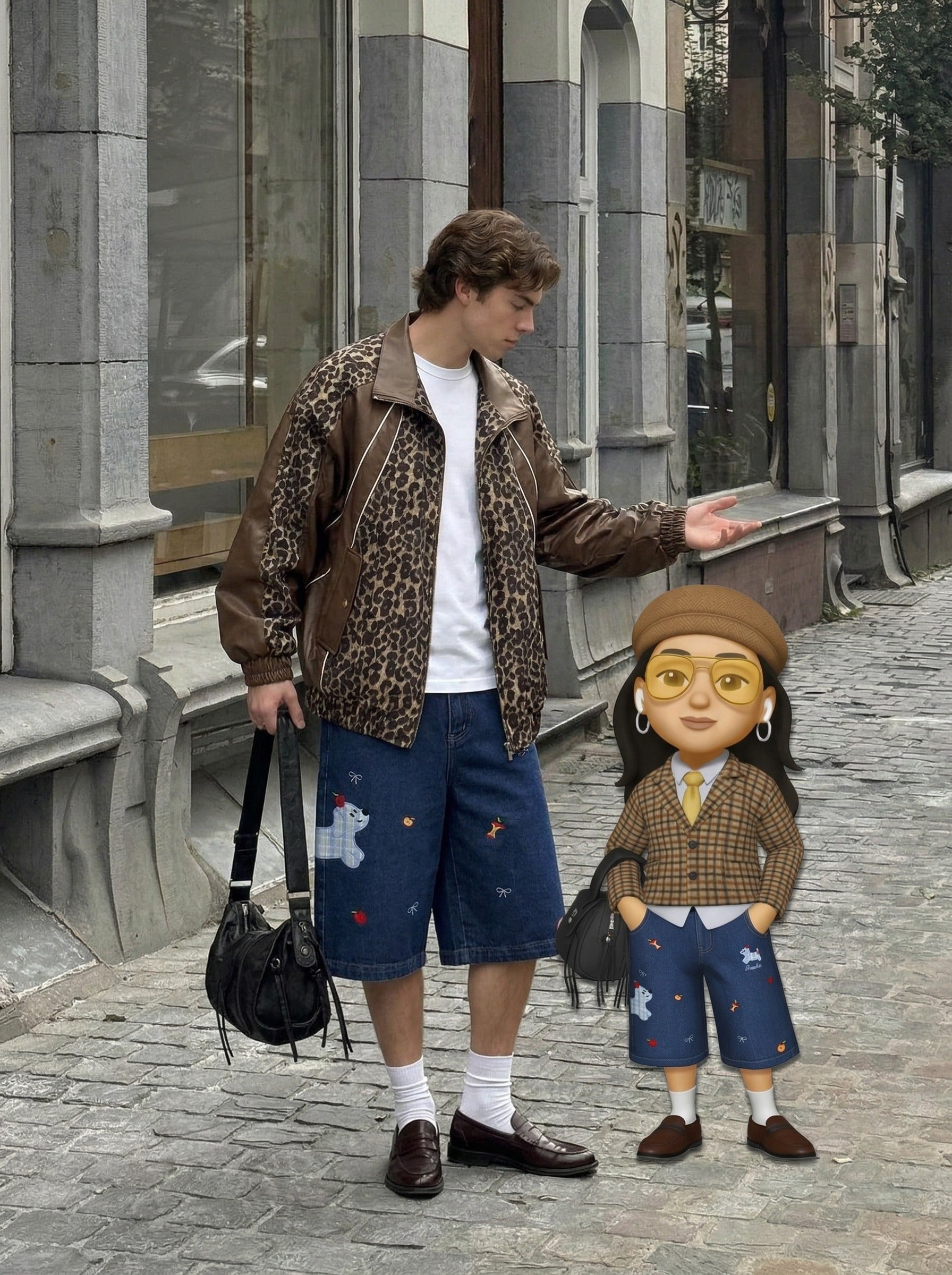 Cartoon Embroidered Wide-Leg Denim Shorts