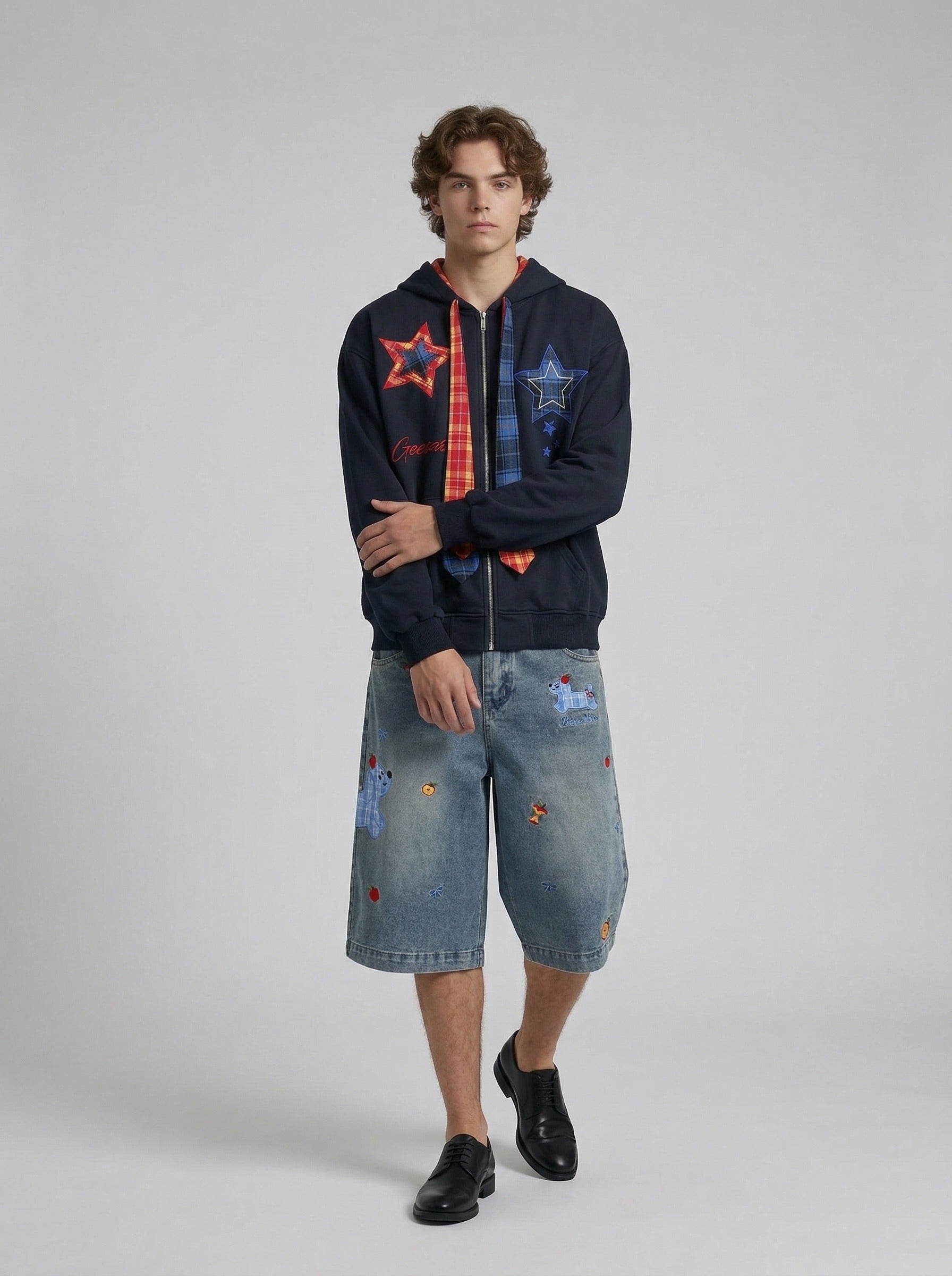 Cartoon Embroidered Wide-Leg Denim Shorts
