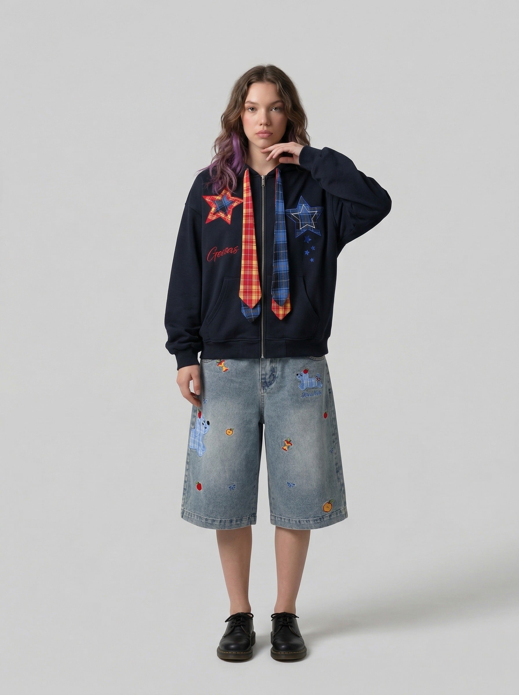 Cartoon Embroidered Wide-Leg Denim Shorts