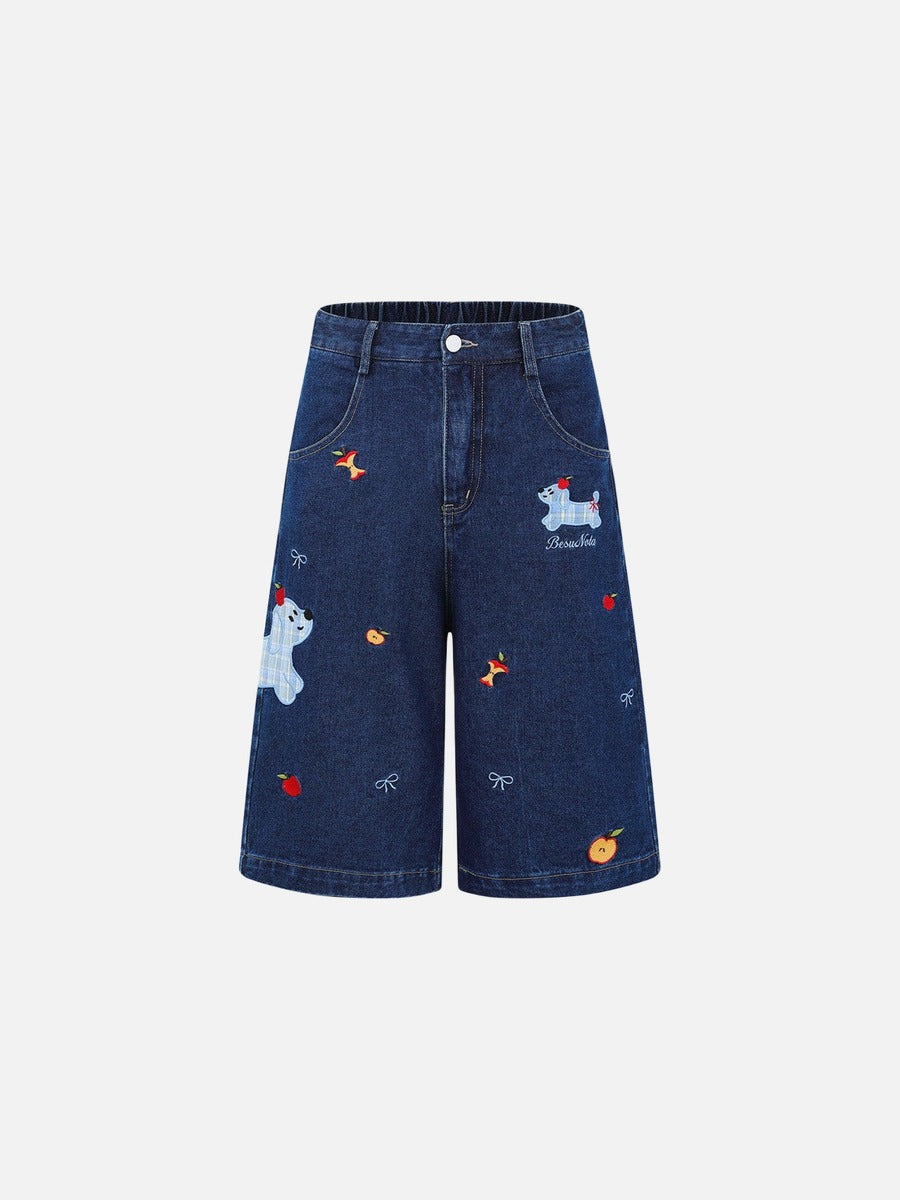 Cartoon Embroidered Wide-Leg Denim Shorts