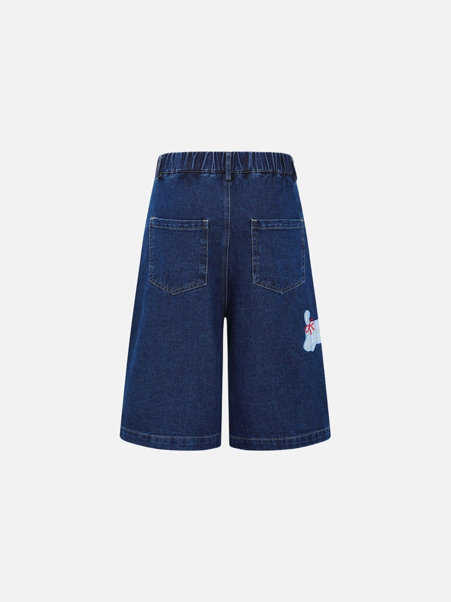 Cartoon Embroidered Wide-Leg Denim Shorts