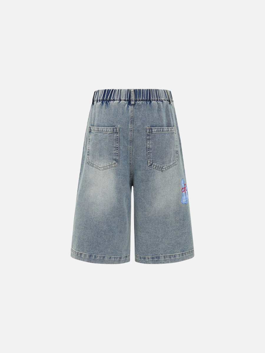 Cartoon Embroidered Wide-Leg Denim Shorts