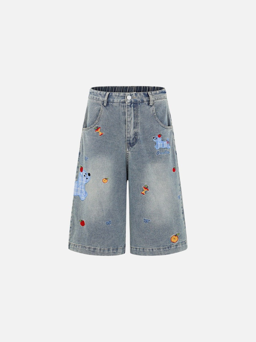 Cartoon Embroidered Wide-Leg Denim Shorts
