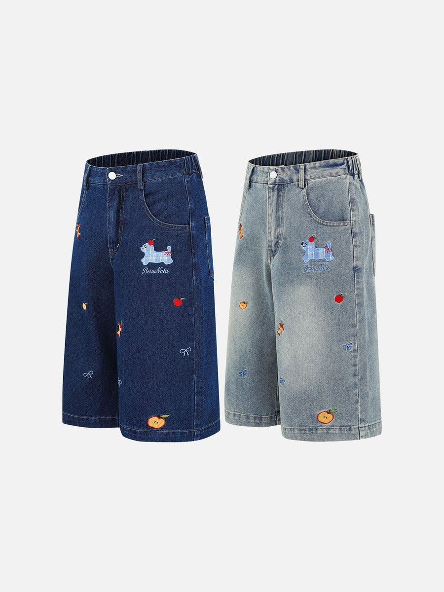 Cartoon Embroidered Wide-Leg Denim Shorts