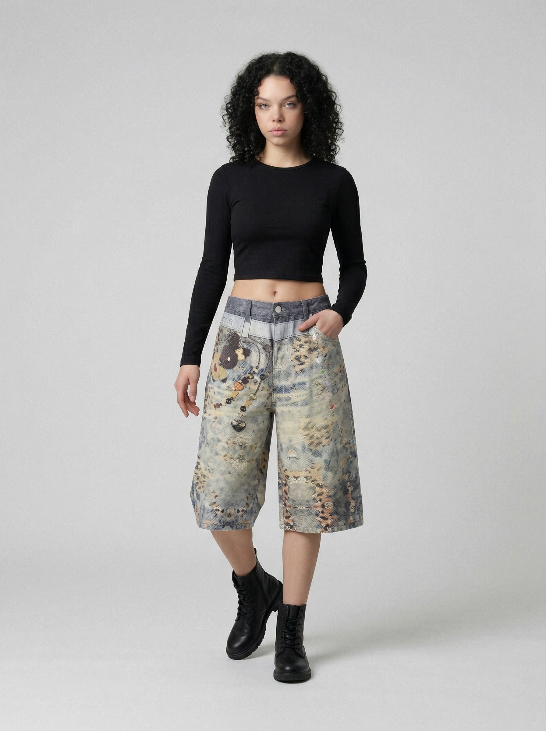 Cropped Wide-Leg Digital Print Pants