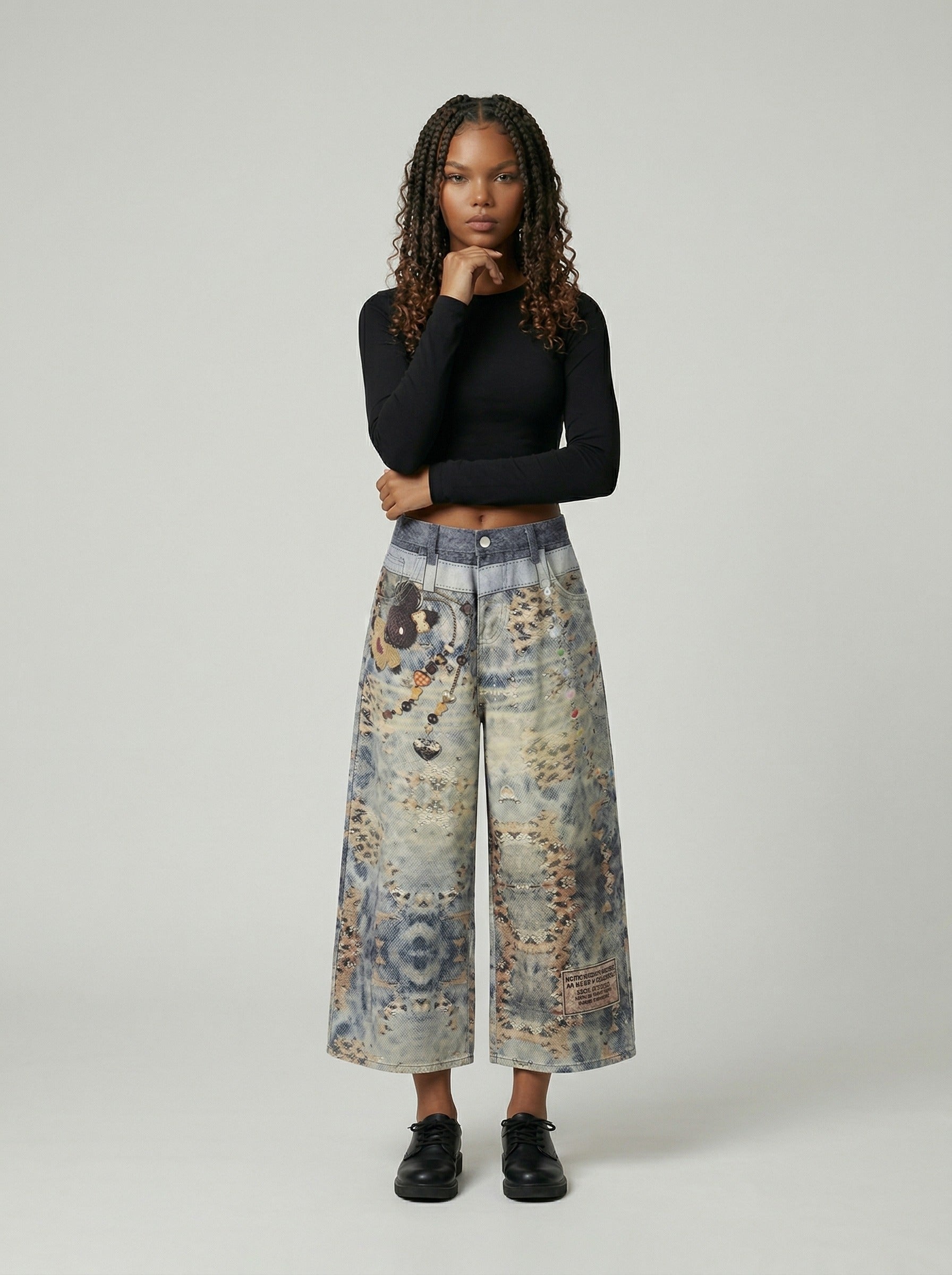 Cropped Wide-Leg Digital Print Pants
