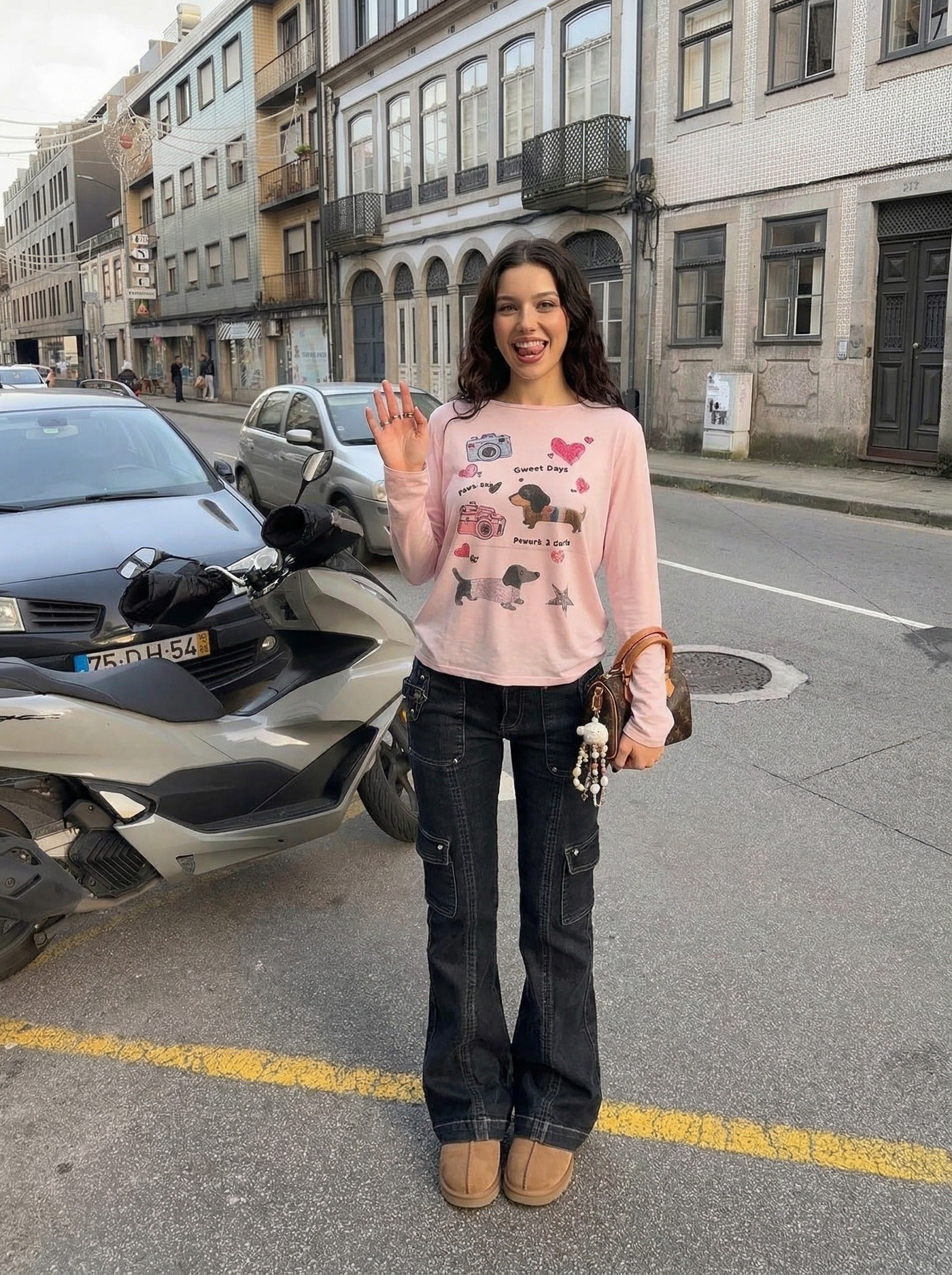 Camiseta de manga larga con gráfico de perro salchicha
