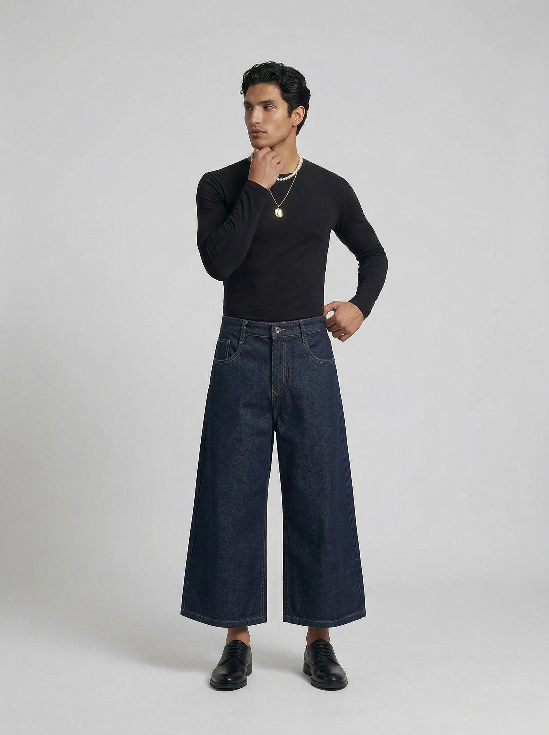 Culotte ancho de tela vaquera índigo oscuro