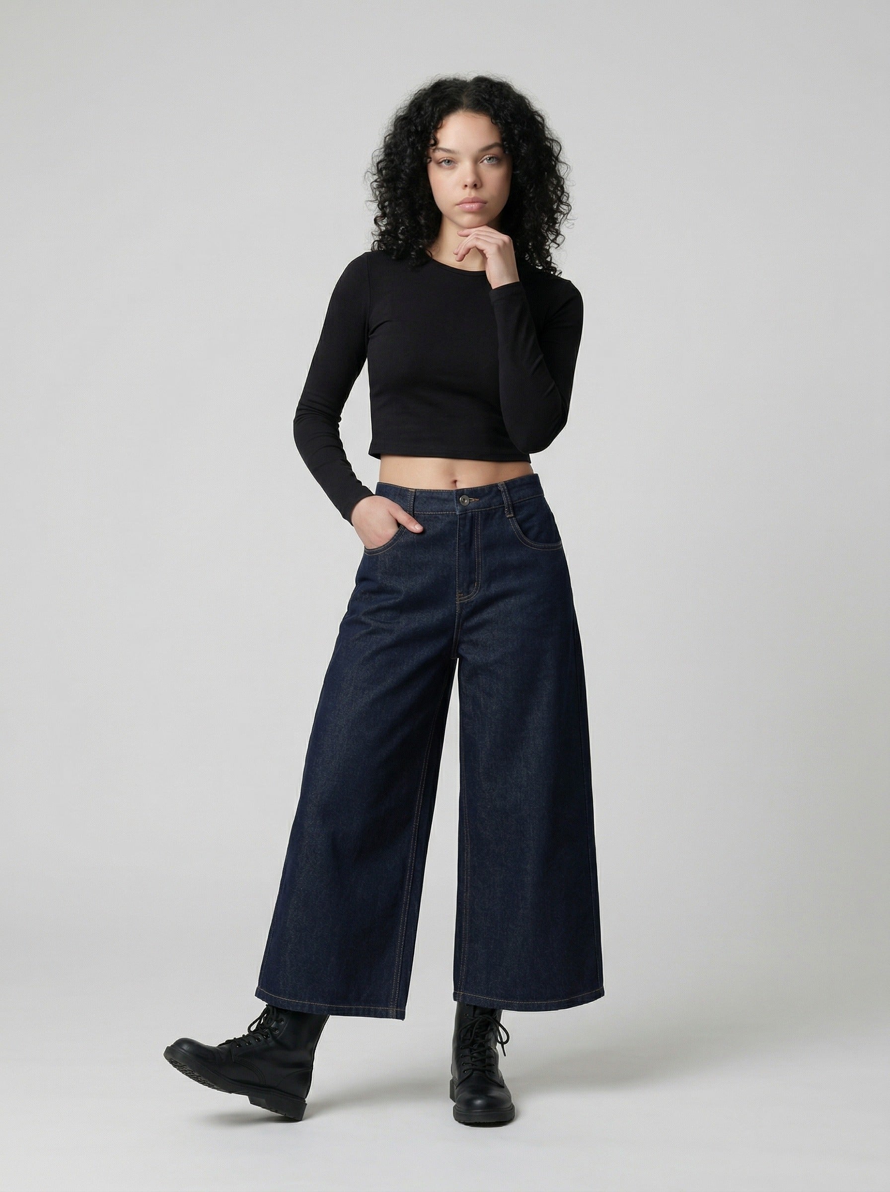 Culotte ancho de tela vaquera índigo oscuro