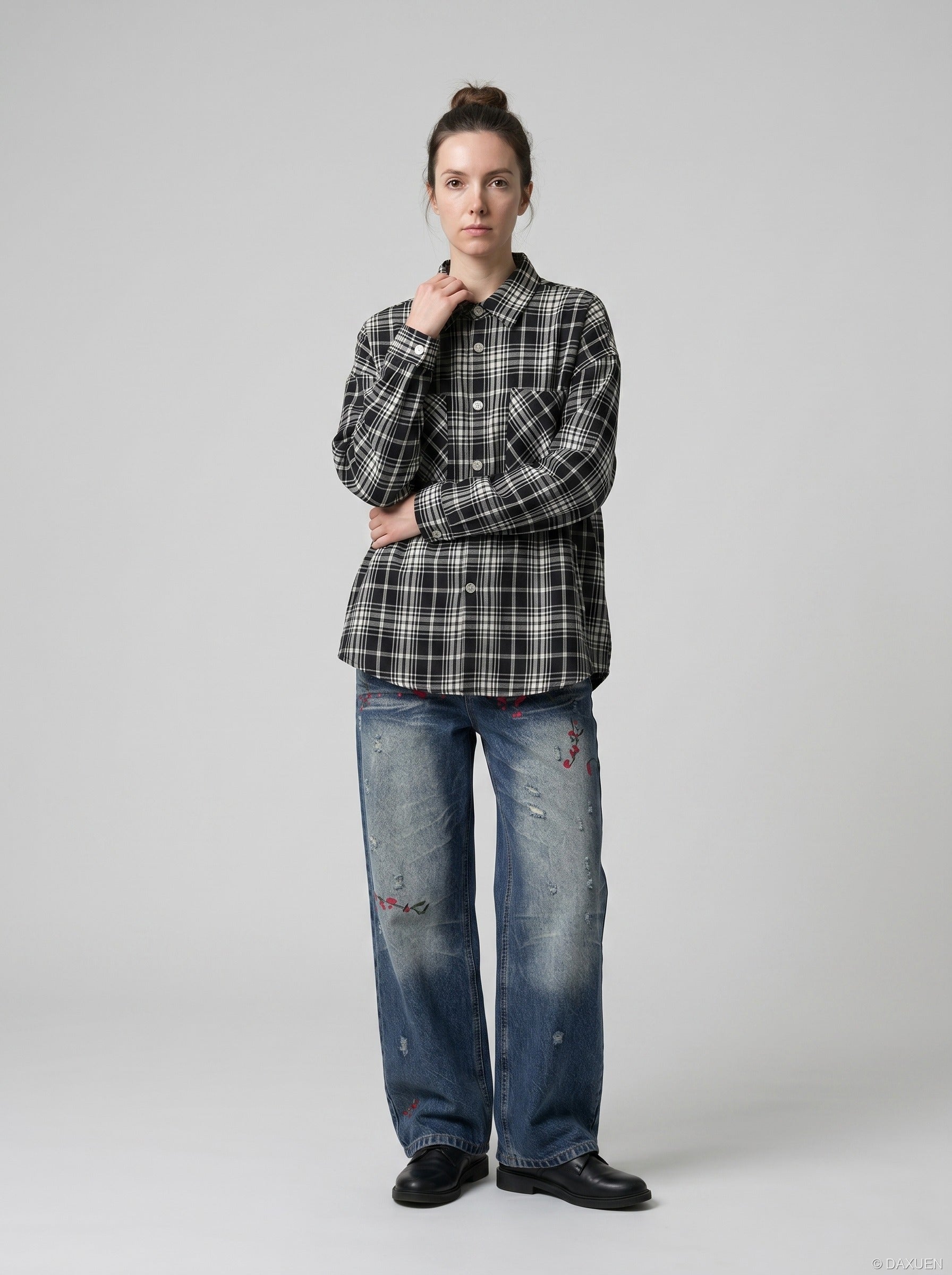 Distressed Floral Embroidered Wide-Leg Jeans