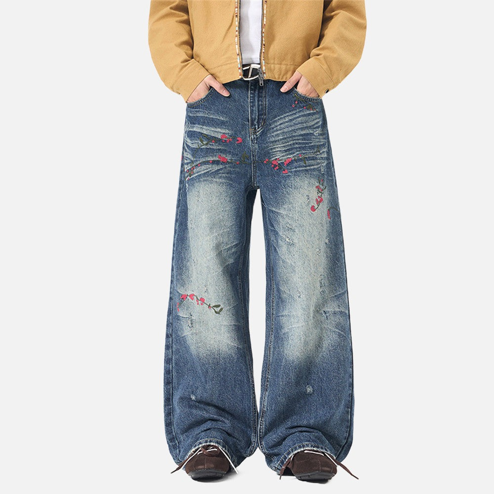 Distressed Floral Embroidered Wide-Leg Jeans