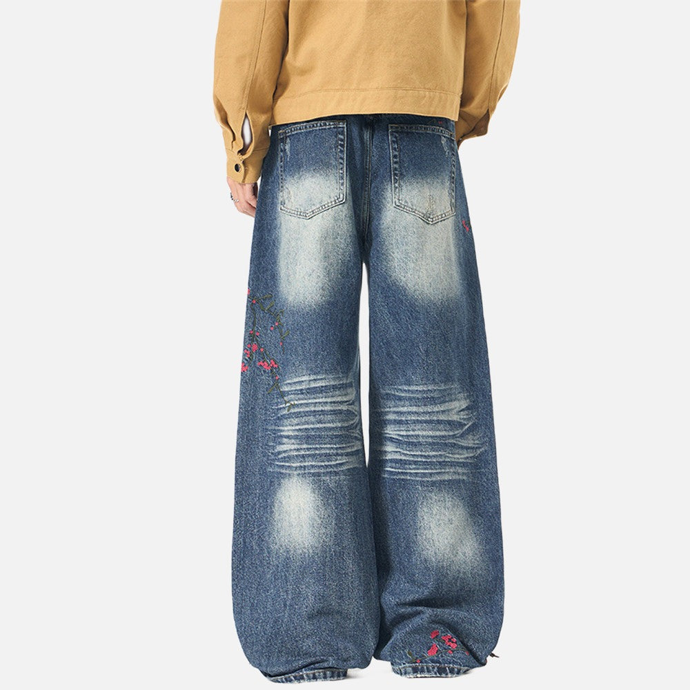 Distressed Floral Embroidered Wide-Leg Jeans