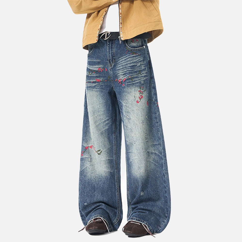 Distressed Floral Embroidered Wide-Leg Jeans