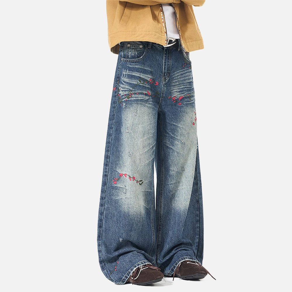 Distressed Floral Embroidered Wide-Leg Jeans
