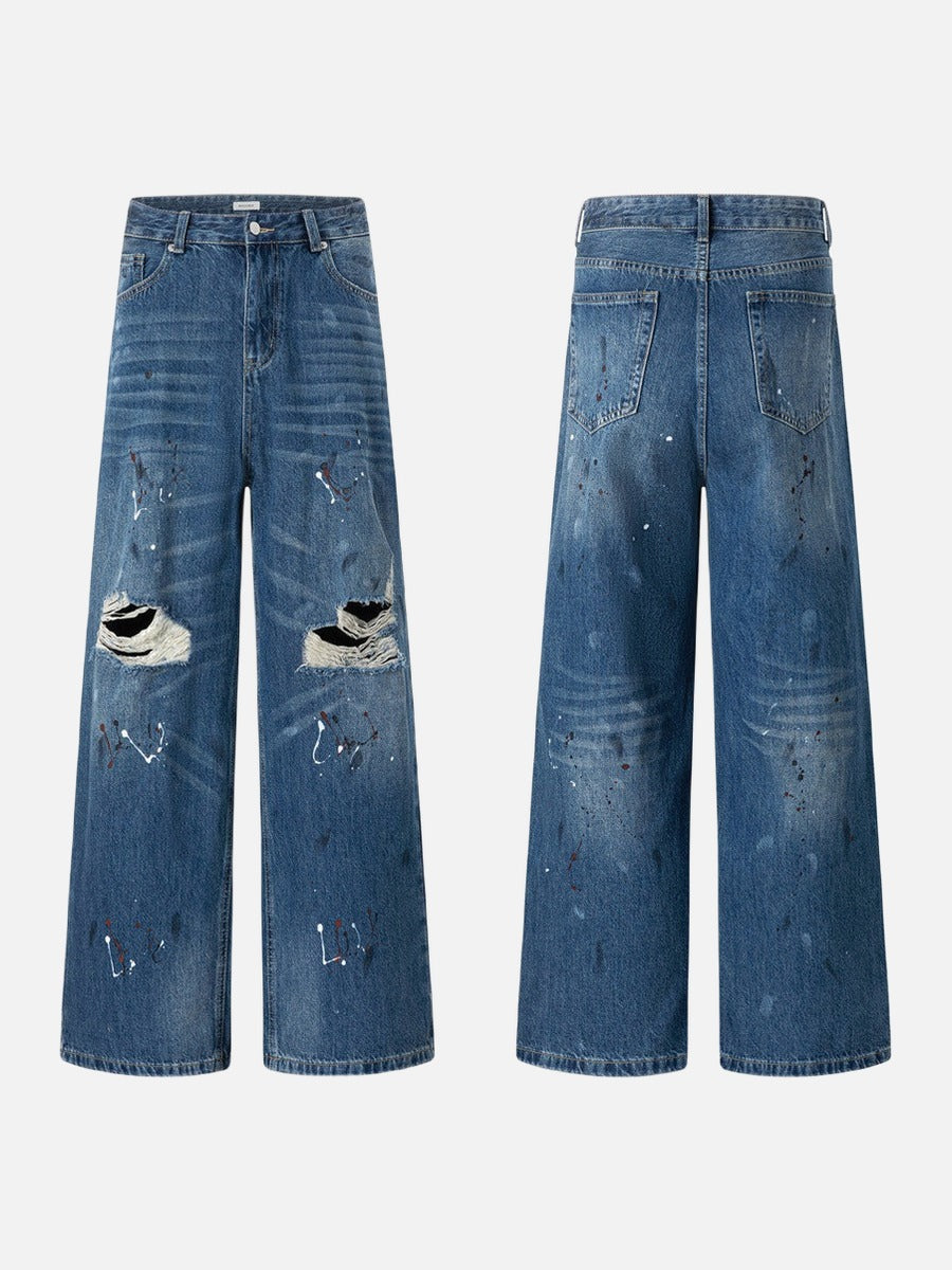Vaqueros anchos con salpicaduras de pintura desgastados