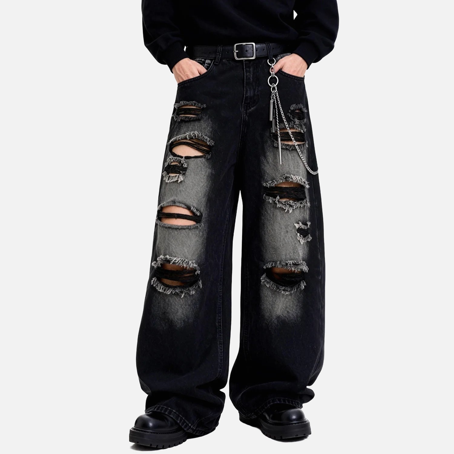 Distressed Wide-Leg Black Jeans