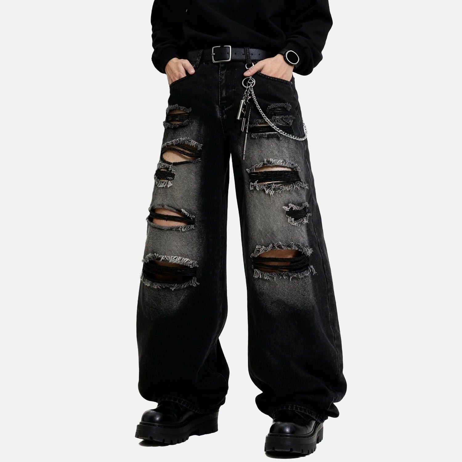 Distressed Wide-Leg Black Jeans