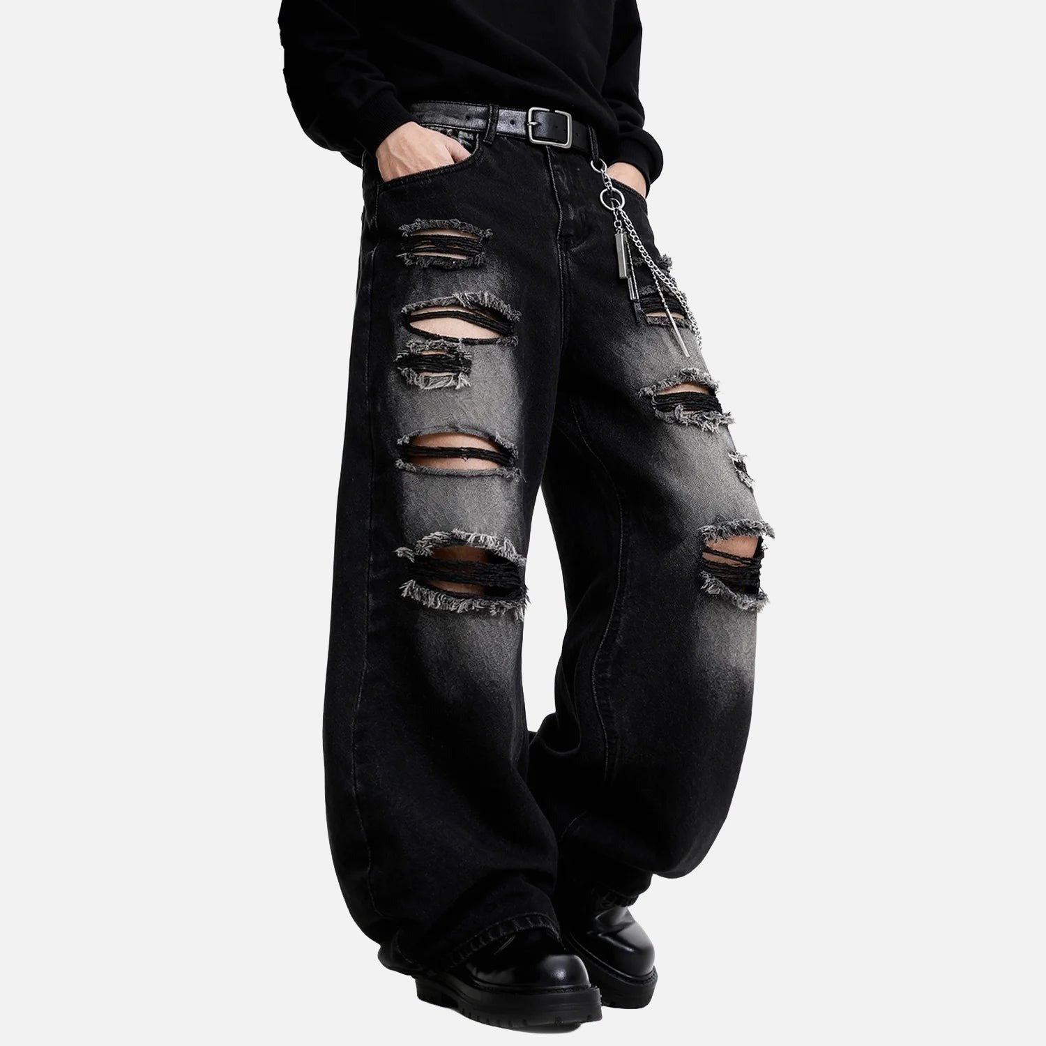Distressed Wide-Leg Black Jeans