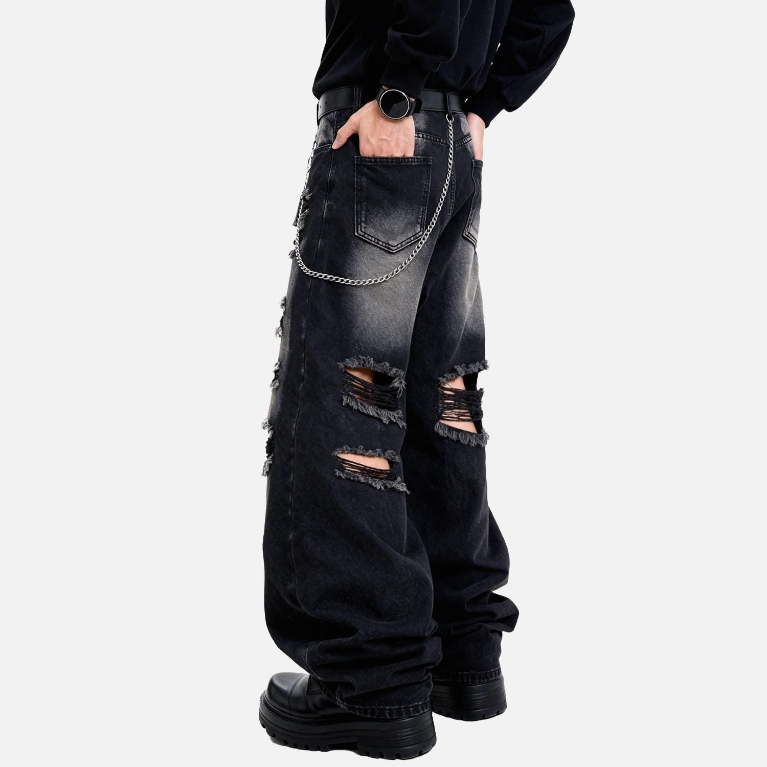 Distressed Wide-Leg Black Jeans